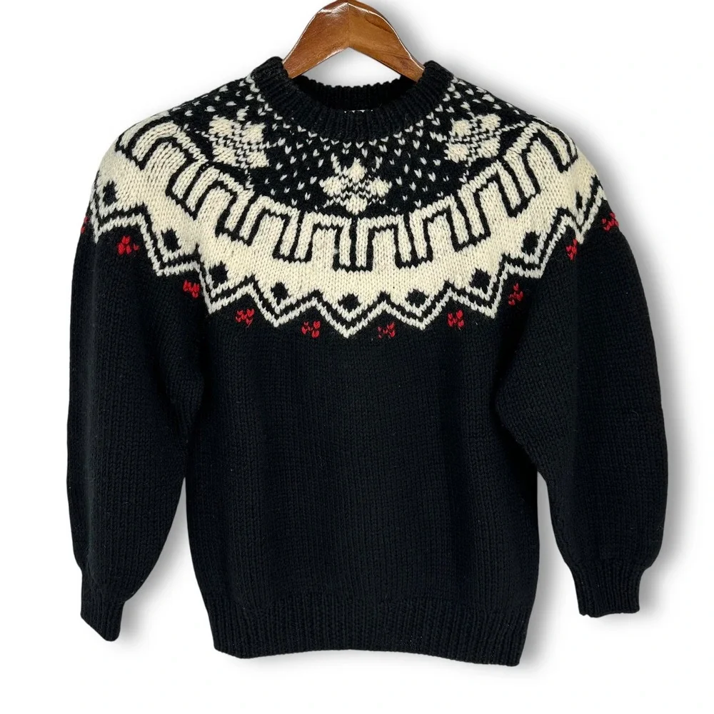 VTG Currents Australia Fair Isle Sweater Oversized Sz S‎ 100% Wool Black Cream